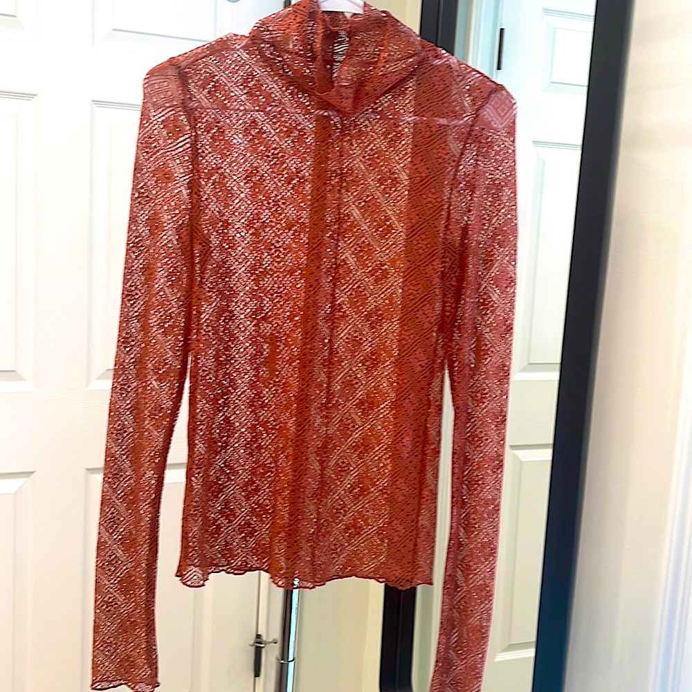 Free People, lace mock neck blouse. Size: S. Color: rust.